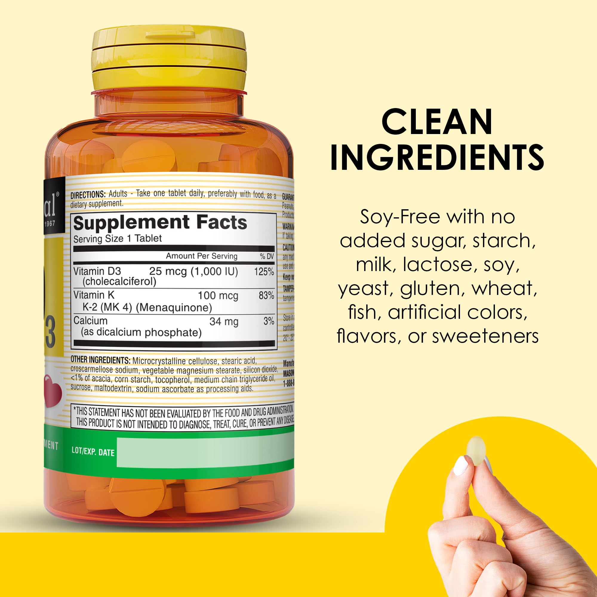 Calcio 32 mg en la fórmula Mason Natural, soporte óseo.