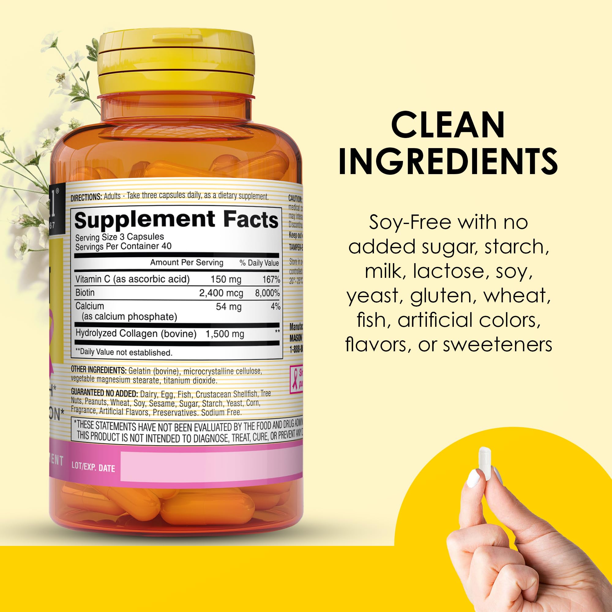 Mason Natural capsules poured into hand for easy daily use.