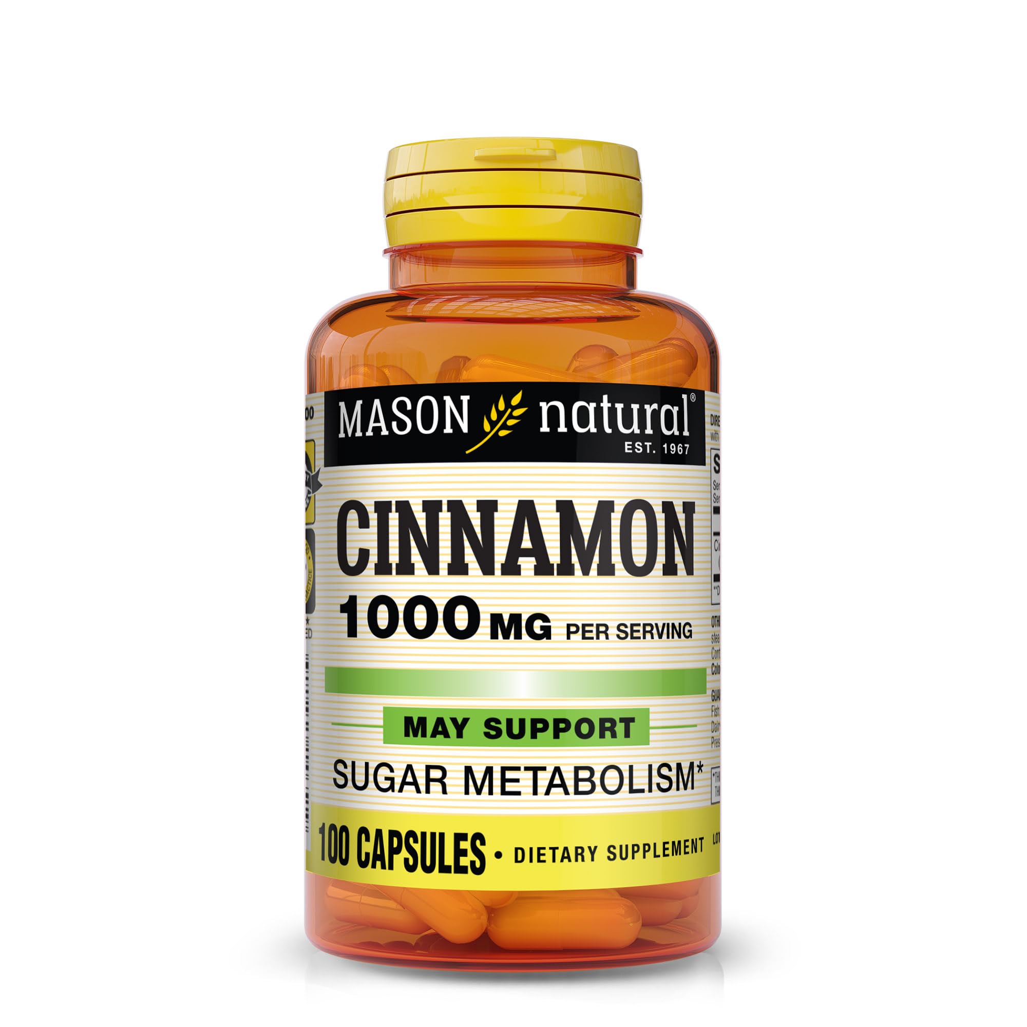 Mason Natural Cinnamon 1000 mg capsules bottle highlighting daily wellness support.