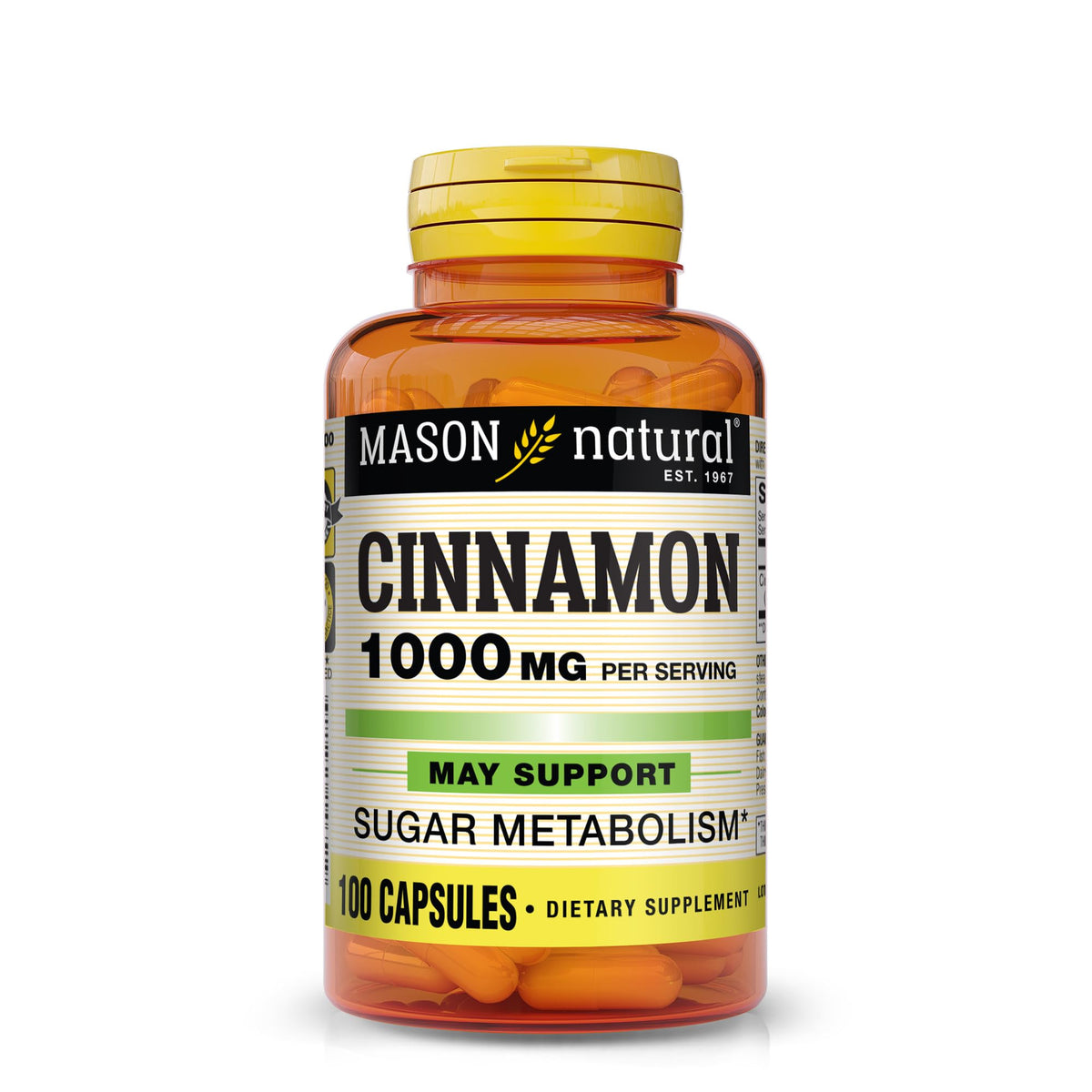 Mason Natural Cinnamon 1000 mg capsules bottle highlighting daily wellness support.
