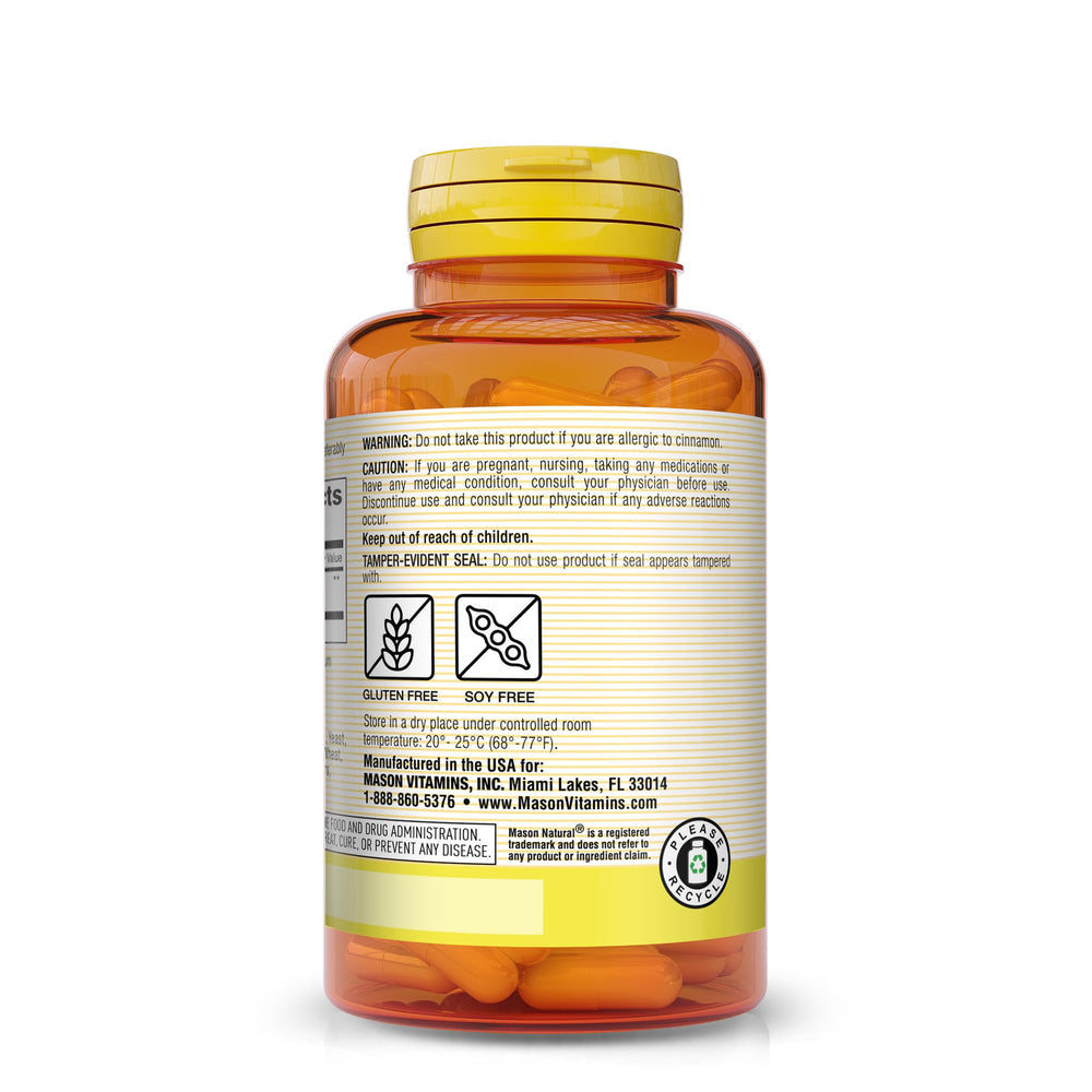 Mason Natural Cinnamon jar front view shows gluten-free, soy-free formula.