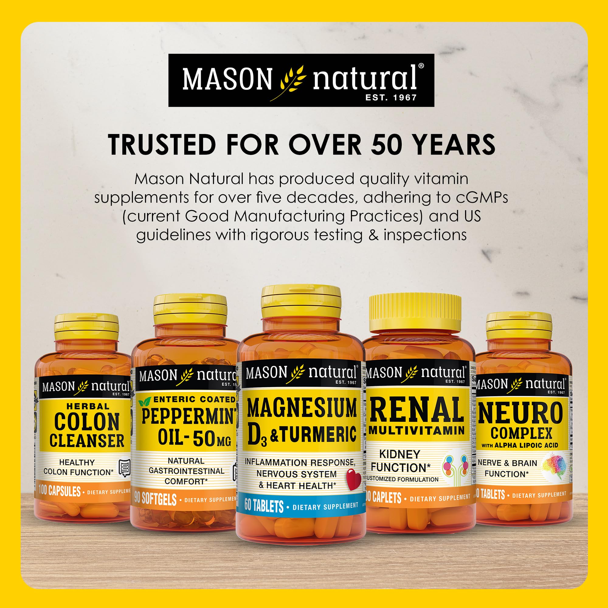 Mason Natural product box highlighting clean ingredients and allergen free claims