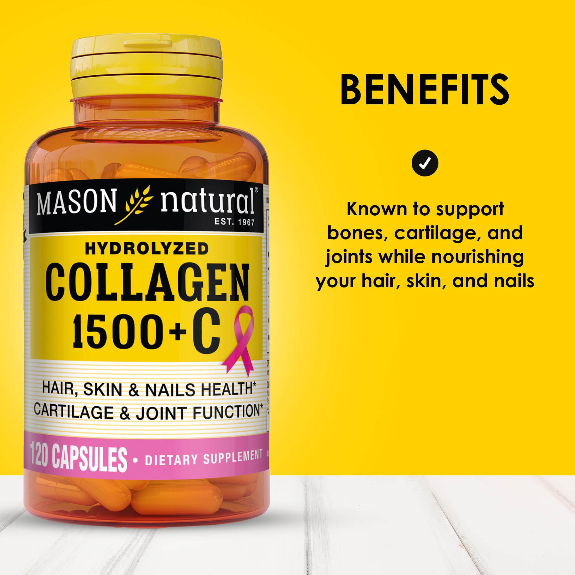 Mason Natural collagen vitamin C capsules close-up highlighting nutrient blend.