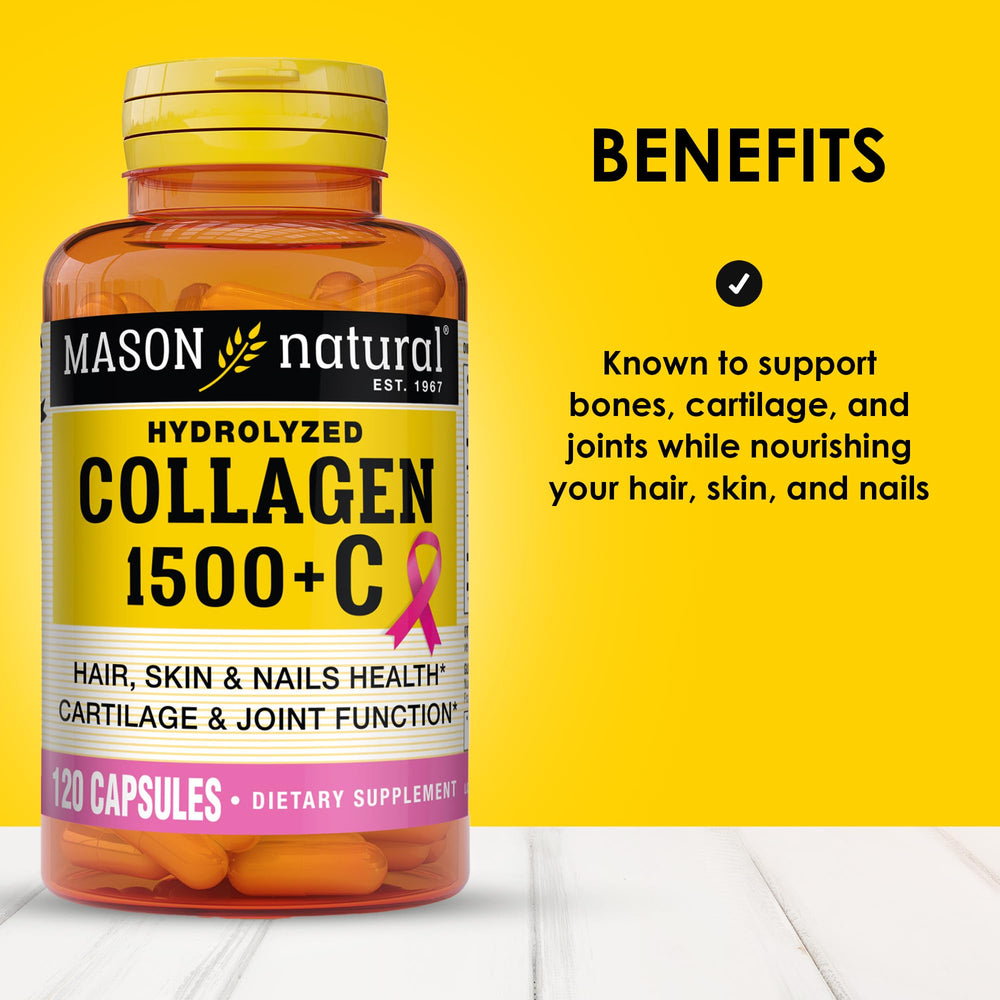 Mason Natural collagen vitamin C capsules close-up highlighting nutrient blend.