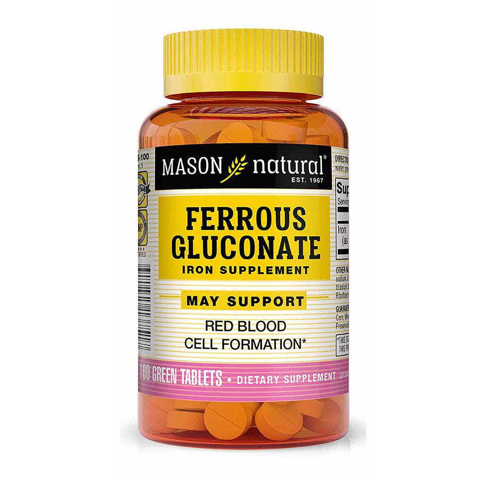 Mason Natural Ferrous Gluconate bottle front label, gentle iron option for sensitive stomachs
