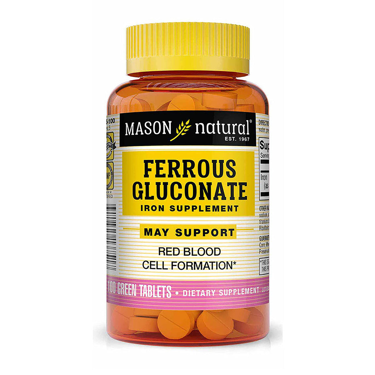 Mason Natural Ferrous Gluconate bottle front label, gentle iron option for sensitive stomachs