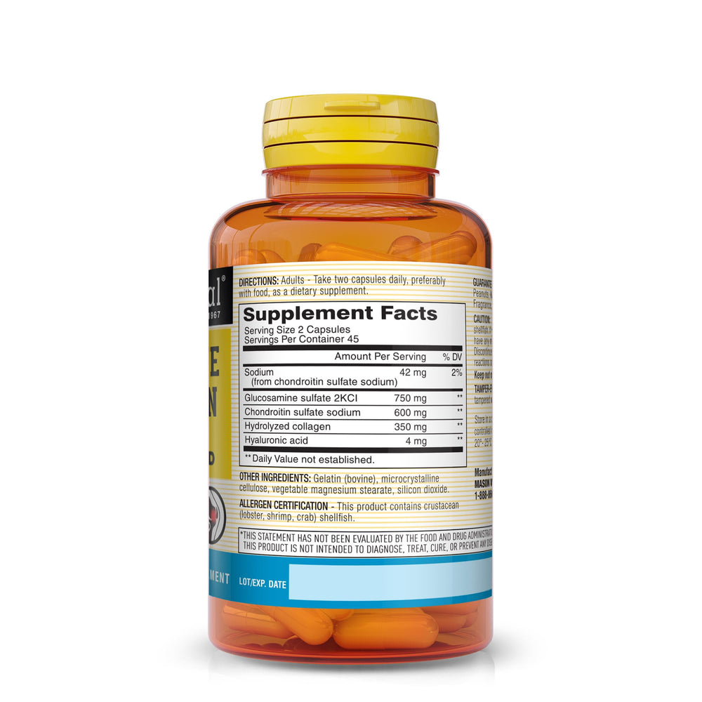 Closeup of Mason Natural glucosamine chondroitin capsules for daily joint care