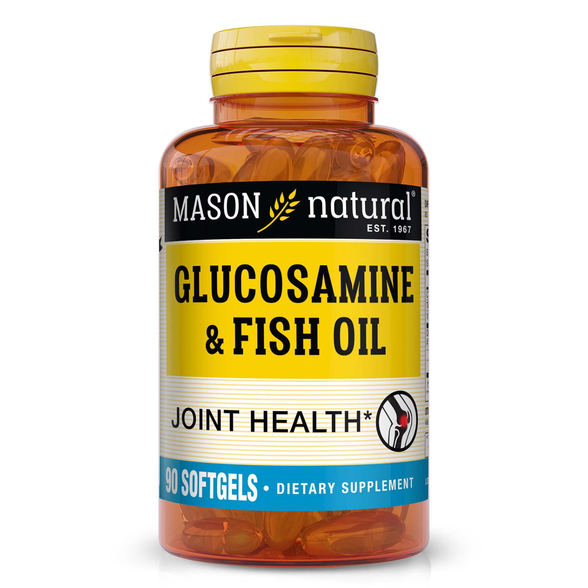 Mason Natural glucosamine and fish oil softgels bottle front for joint-support possibilities.
