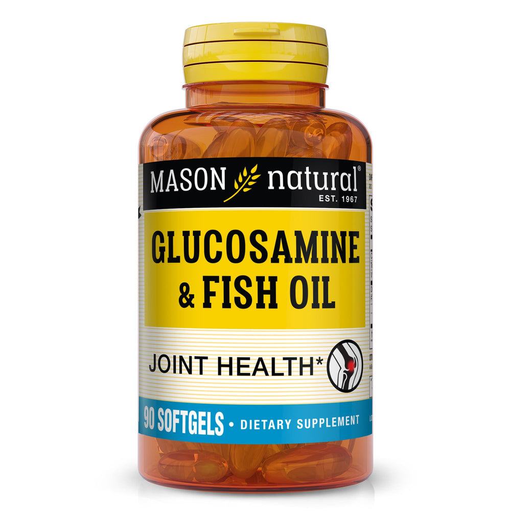 Mason Natural glucosamine and fish oil softgels bottle front for joint-support possibilities.