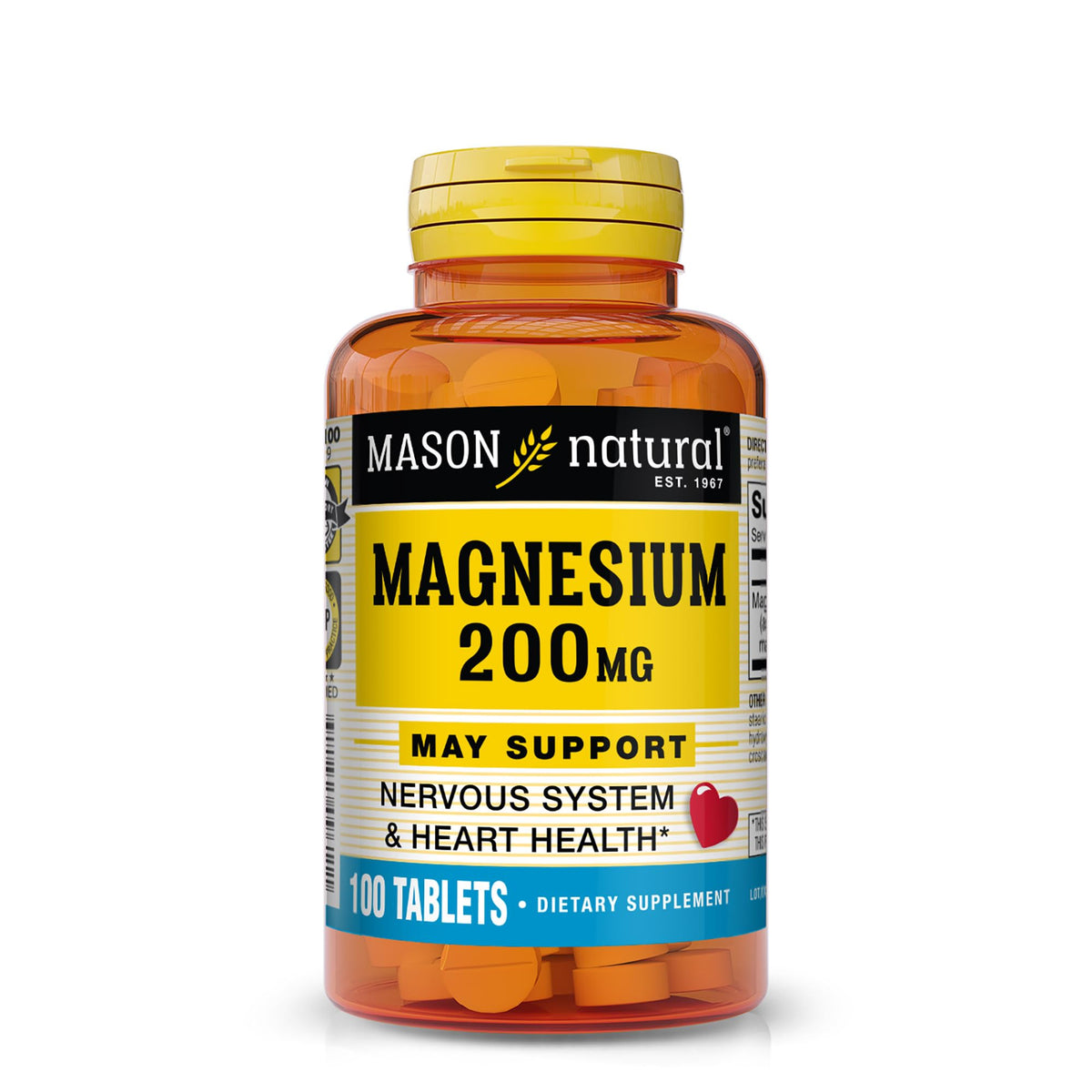 Mason Natural Magnesium 200 mg tablet front, supports muscle and nerve function.