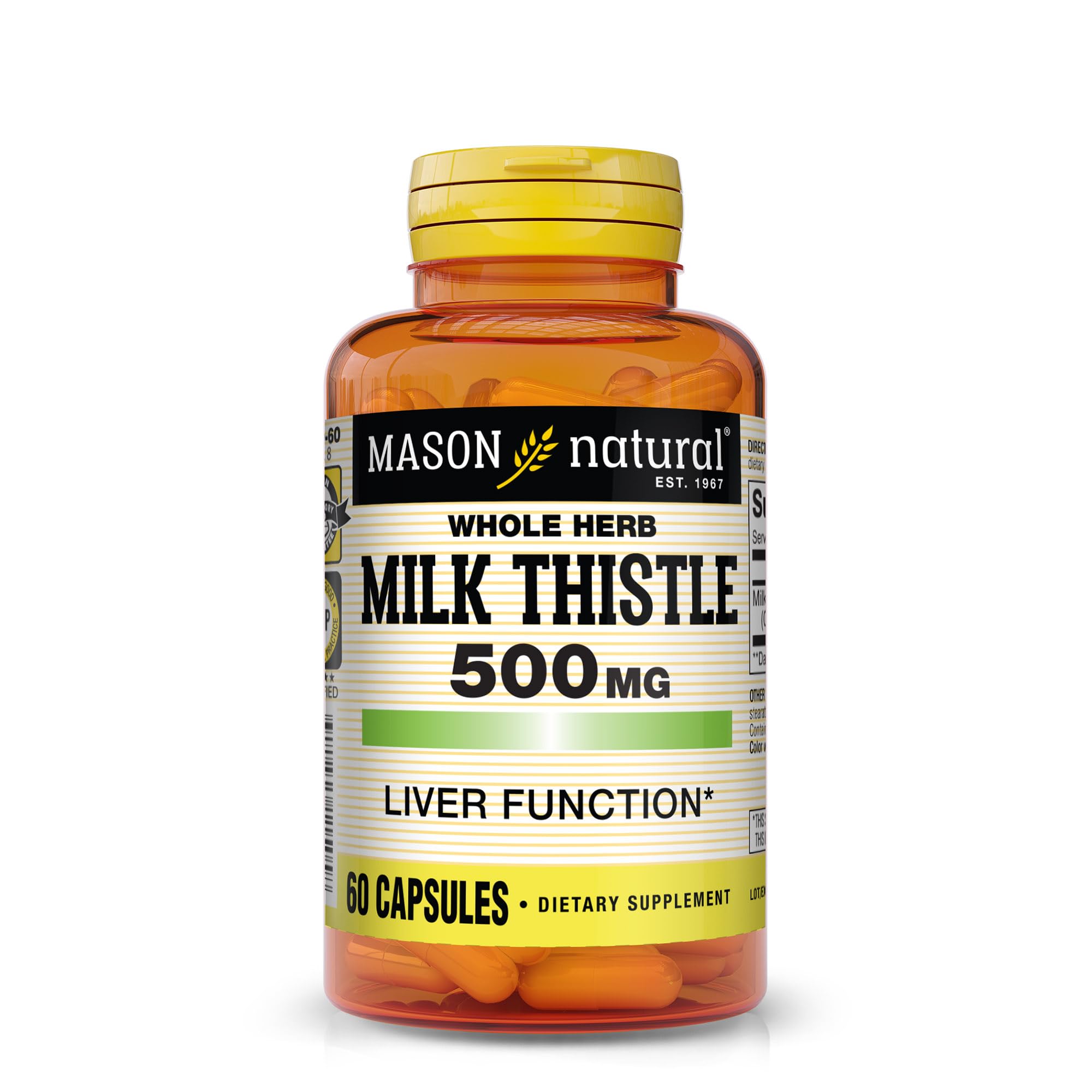 Mason Natural Milk Thistle 500 mg bottle shown for daily liver support.