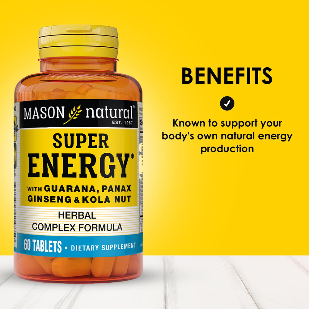 Mason Natural Super Energy bottle side view highlighting two daily tablets.