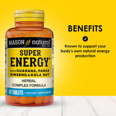 Mason Natural Super Energy bottle side view highlighting two daily tablets.