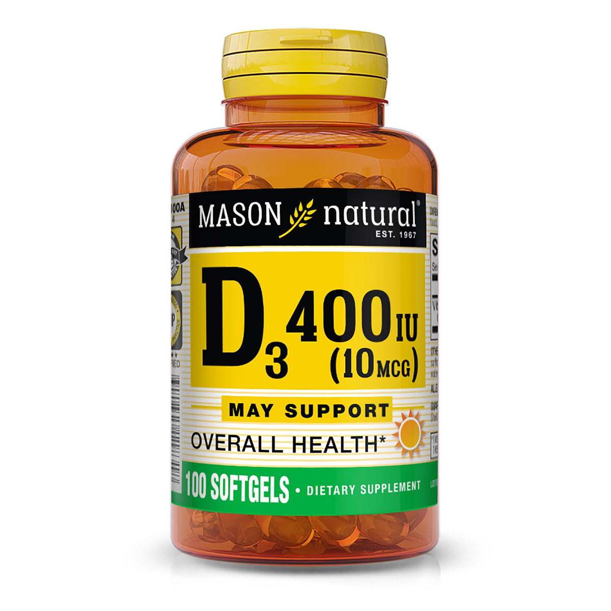 Mason Natural Vitamin D3 softgels bottle, showcasing a trusted bone support supplement.