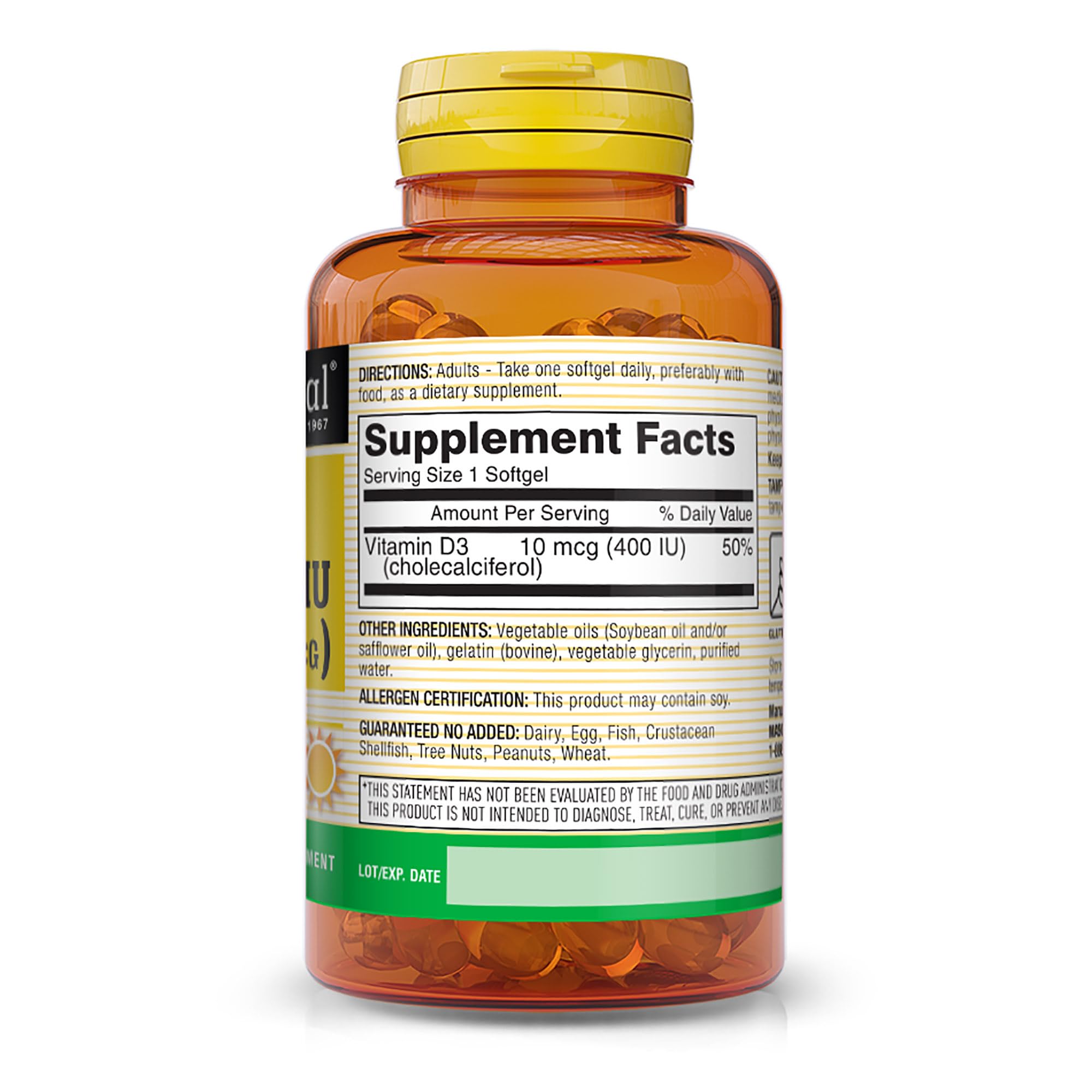 Close-up of Mason Natural Vitamin D3 softgels bottle for immune and bone support.