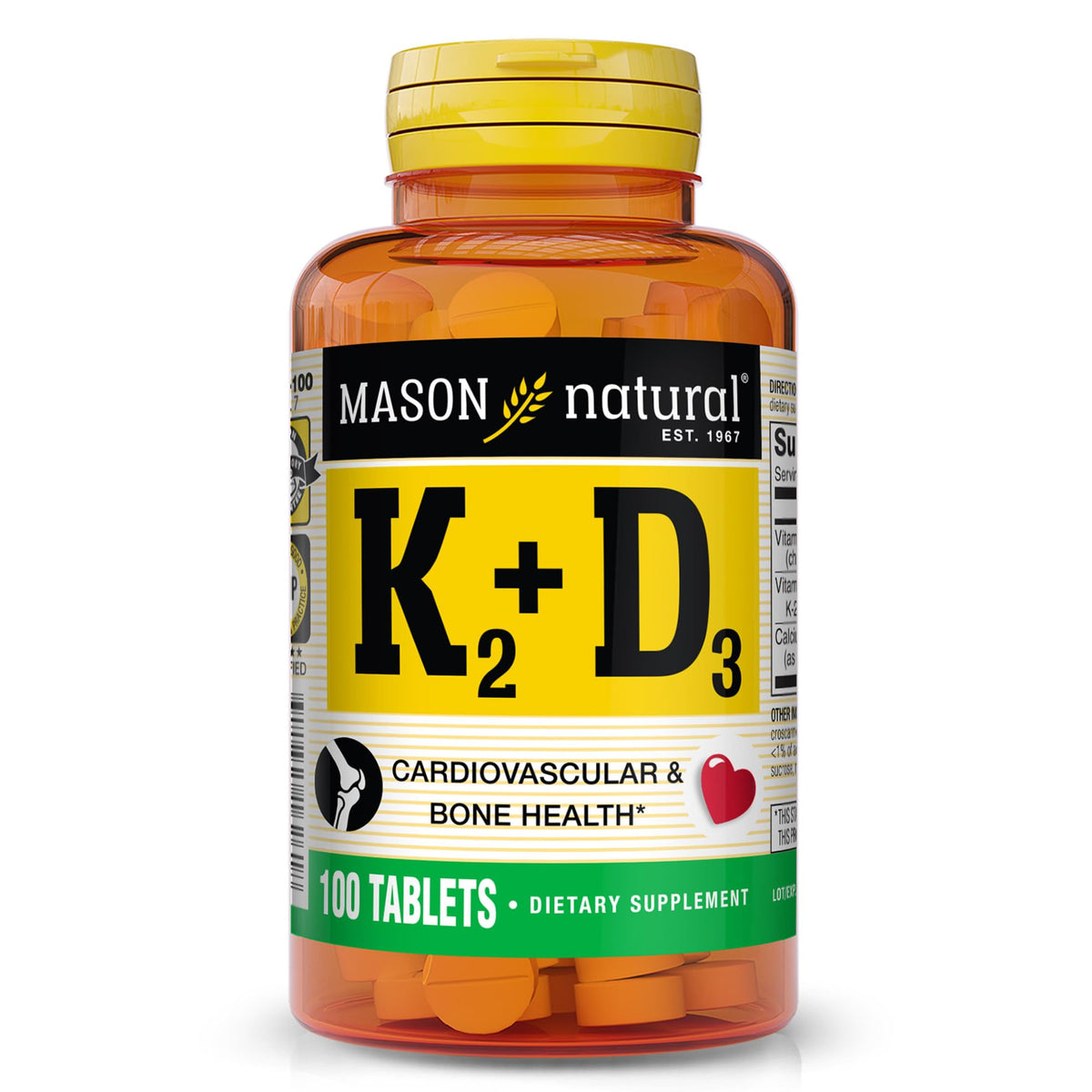 Mason Natural Vitamina K2 + D3 en tabletas, soporte óseo y muscular diario.