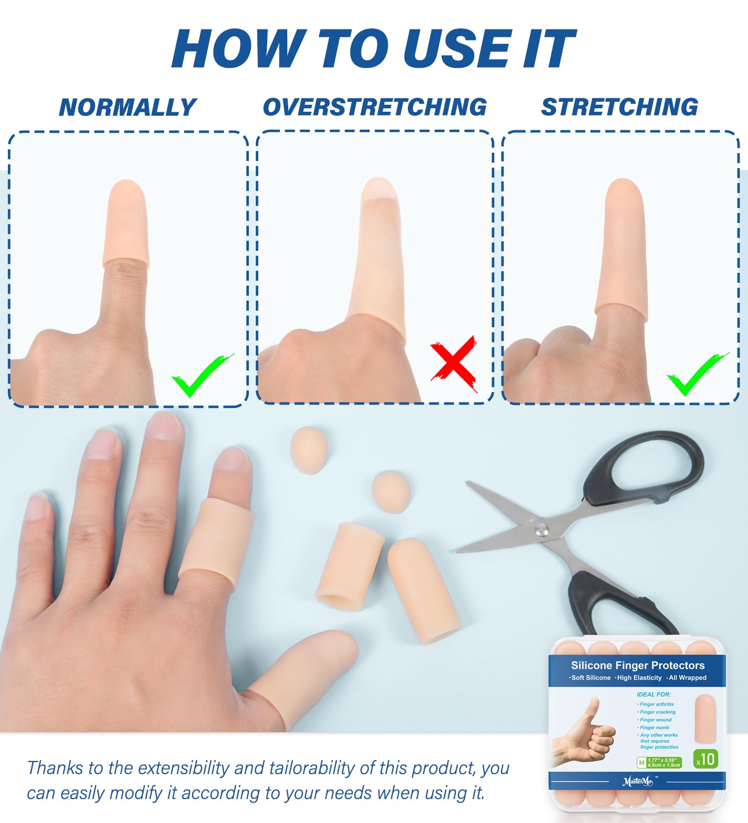 MasterMo size M finger caps fitting securely on fingers