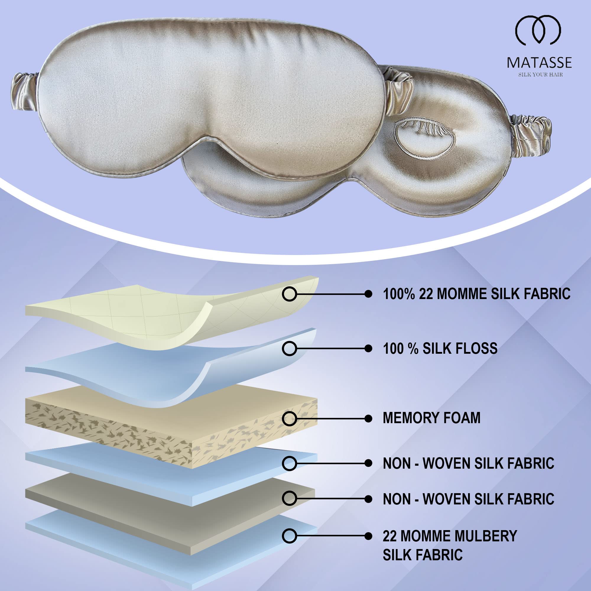 MATASSE Silk Your Life champagne-colored silk eye mask for versatile use.