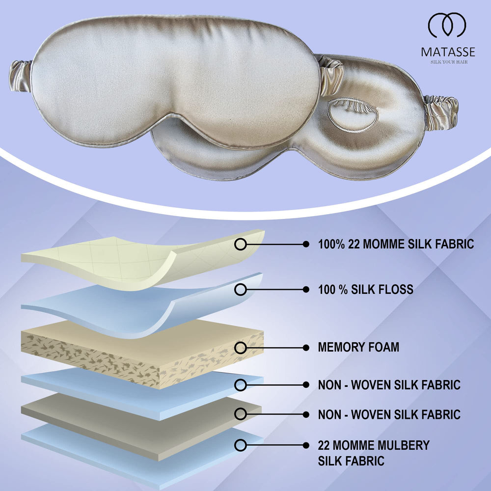 MATASSE Silk Your Life champagne-colored silk eye mask for versatile use.