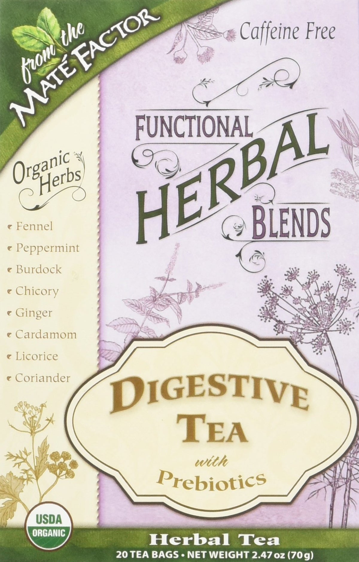 Maté Factor Digestive Tea with Prebiotics, pack front, supports daily digestive comfort with gentle flavor.