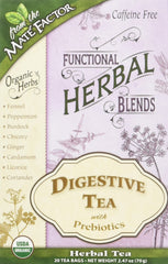 Maté Factor Digestive Tea with Prebiotics, pack front, supports daily digestive comfort with gentle flavor.