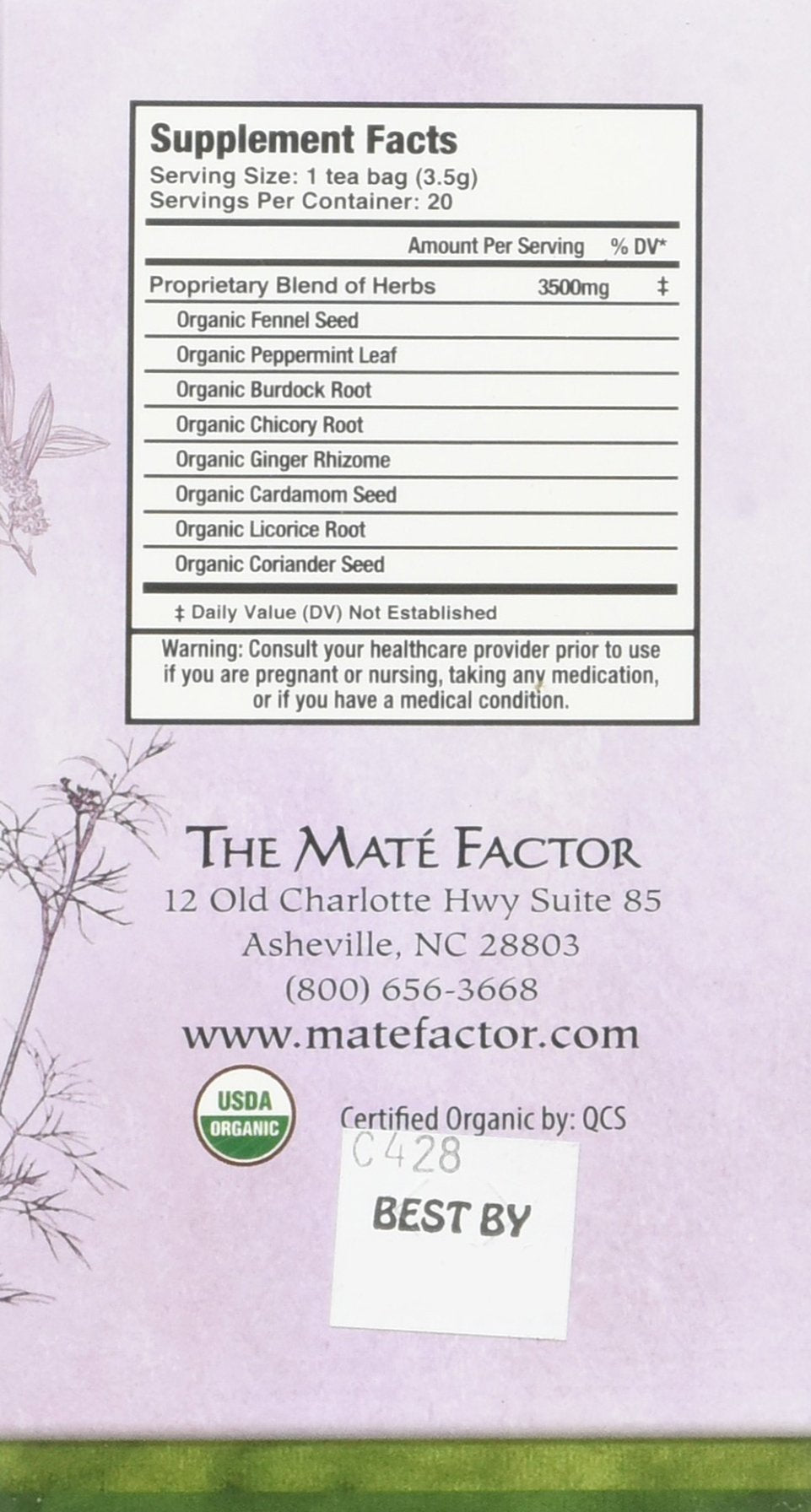 Maté Factor Digestive Tea with Prebiotics, package side, convenient for on-the-go digestion support.