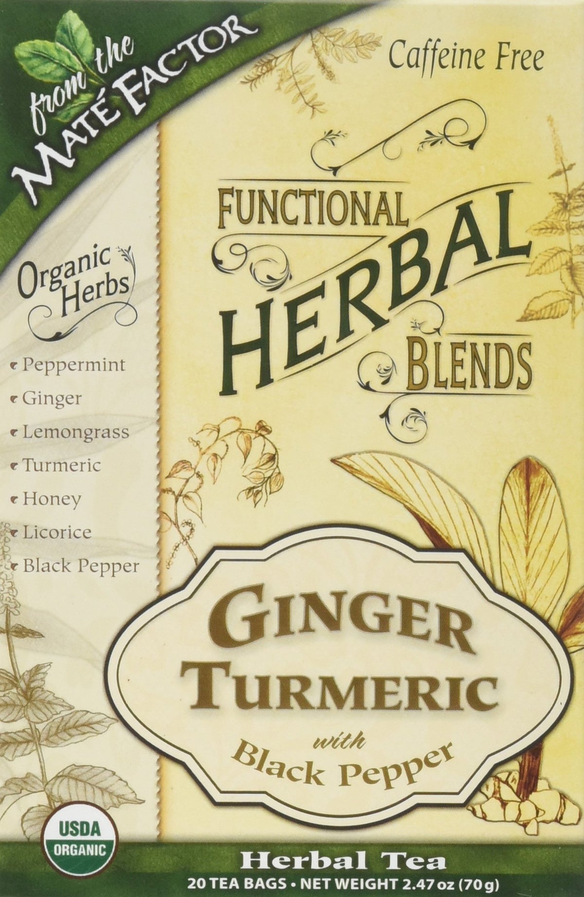 Mate Factor Ginger Turmeric with Black Pepper tea bags in packaging for daily use.