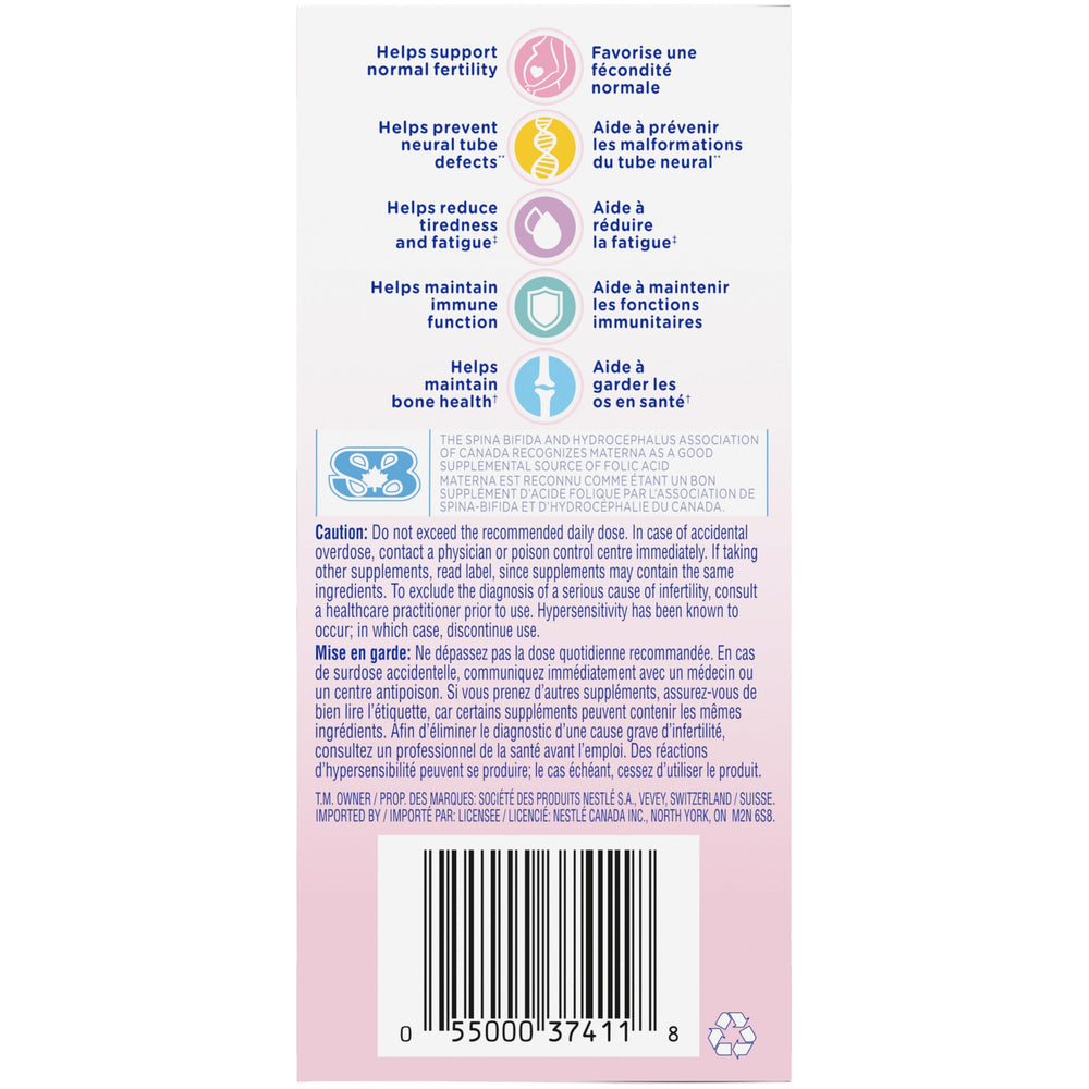 Materna Nestlé Prenatal nutrition graphic emphasizing folic acid and energy support.