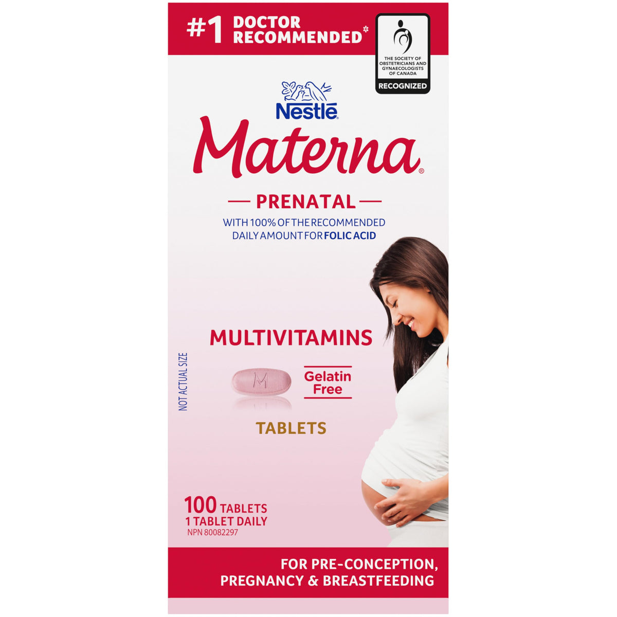 Materna Nestlé Prenatal tablets close-up for daily nutrient support.