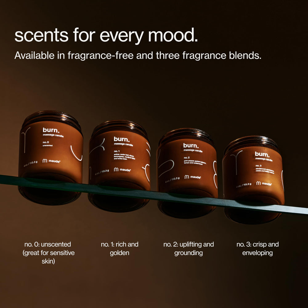 Maude Burn No. 3 jar on wood table signals premium self-care product.