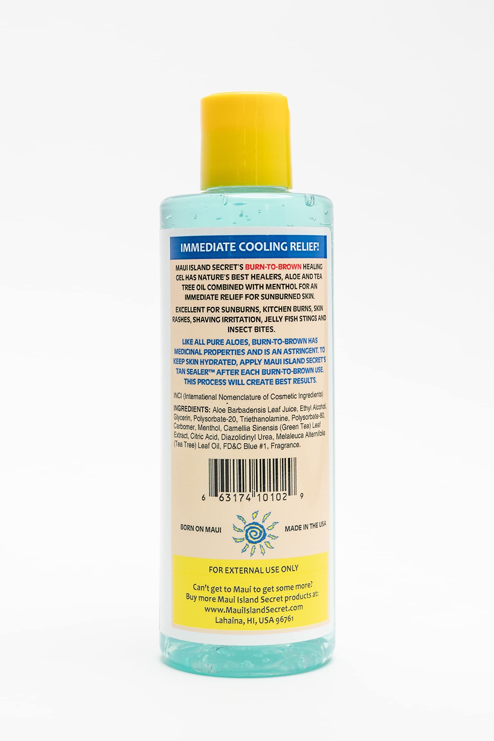 Maui Island Secret Burn to Brown applied to skin for soothing irritation relief.