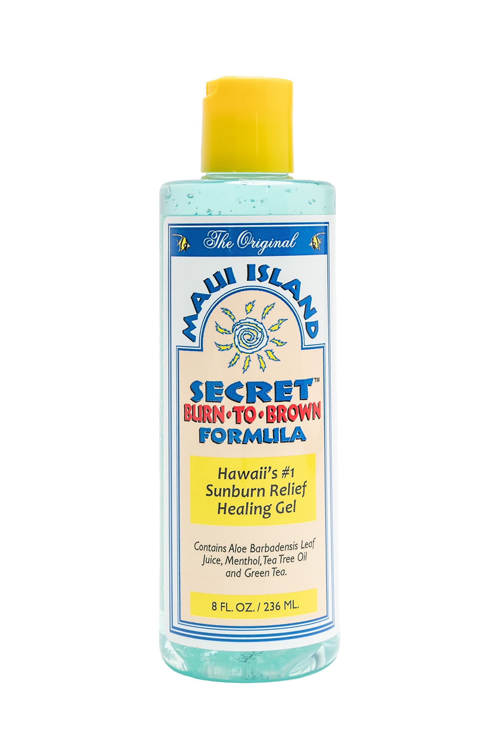 Maui Island Secret Burn to Brown bottle front for quick after-sun care.