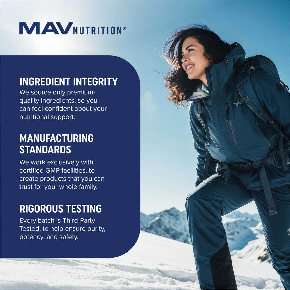 MAV Nutrition 180-count bottle on shelf implying long-term daily support.