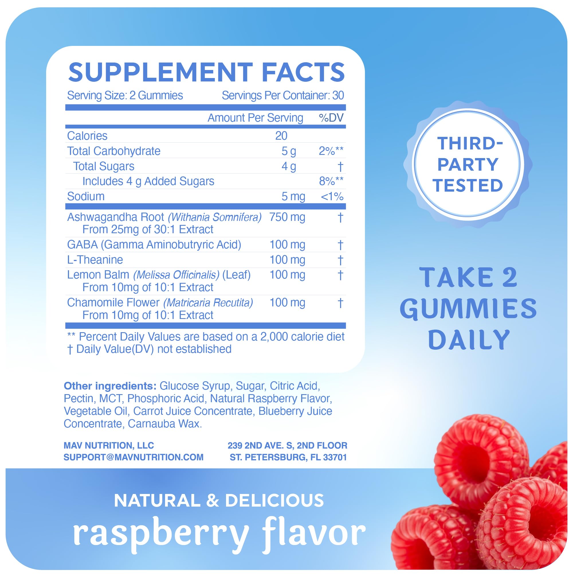MAV NUTRITION 60-count bottle of stress relief gummies on shelf