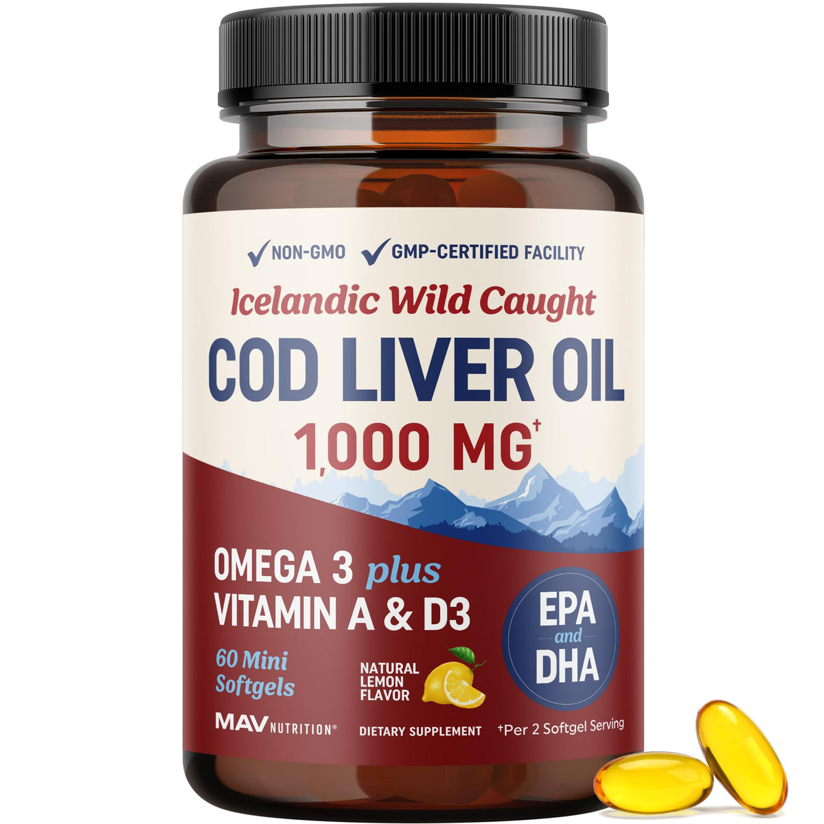 MAV NUTRITION cod liver oil bottle with softgels for daily omega-3 support