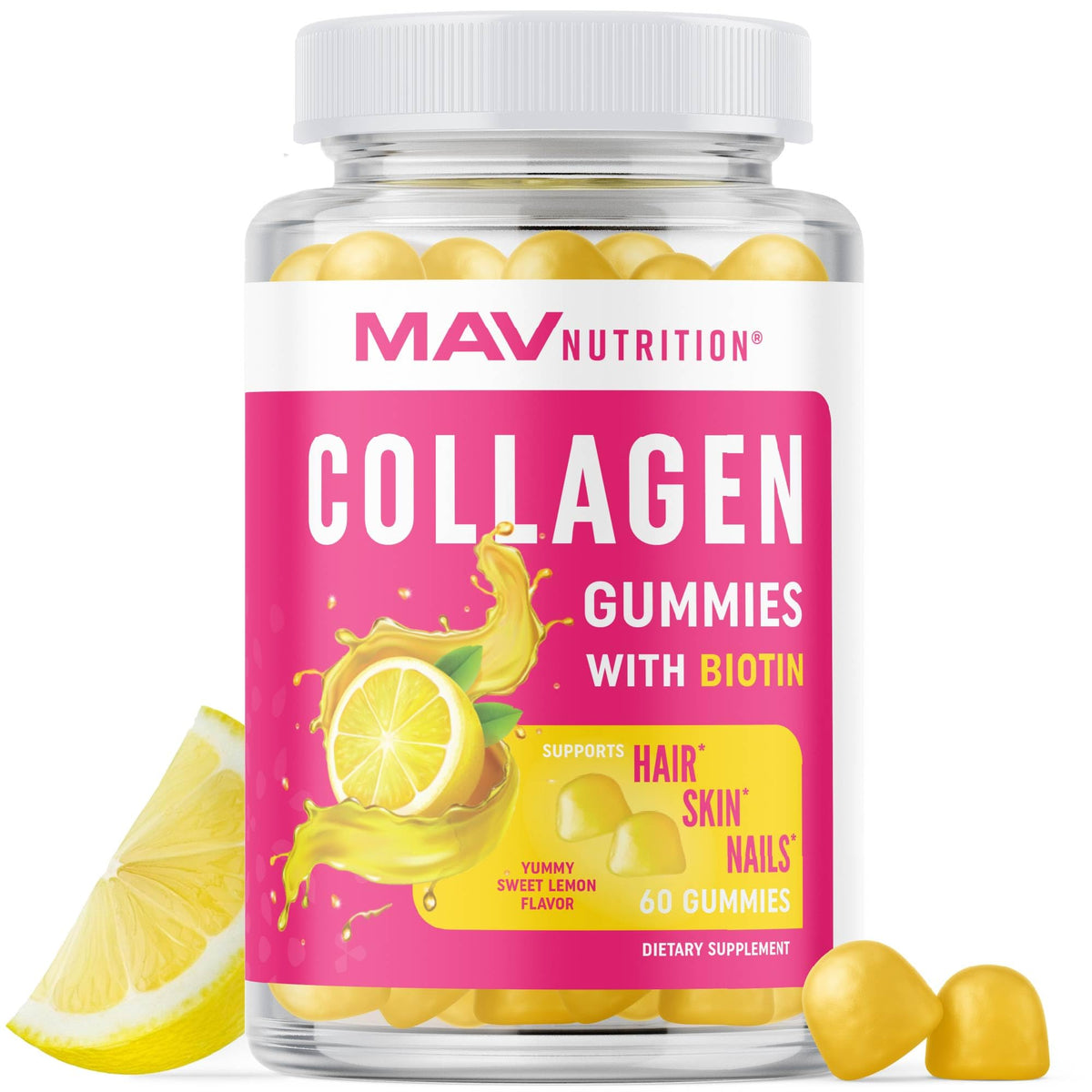 MAV Nutrition Collagen Gummies for Women bottle supports convenient beauty for hair, skin and nails.