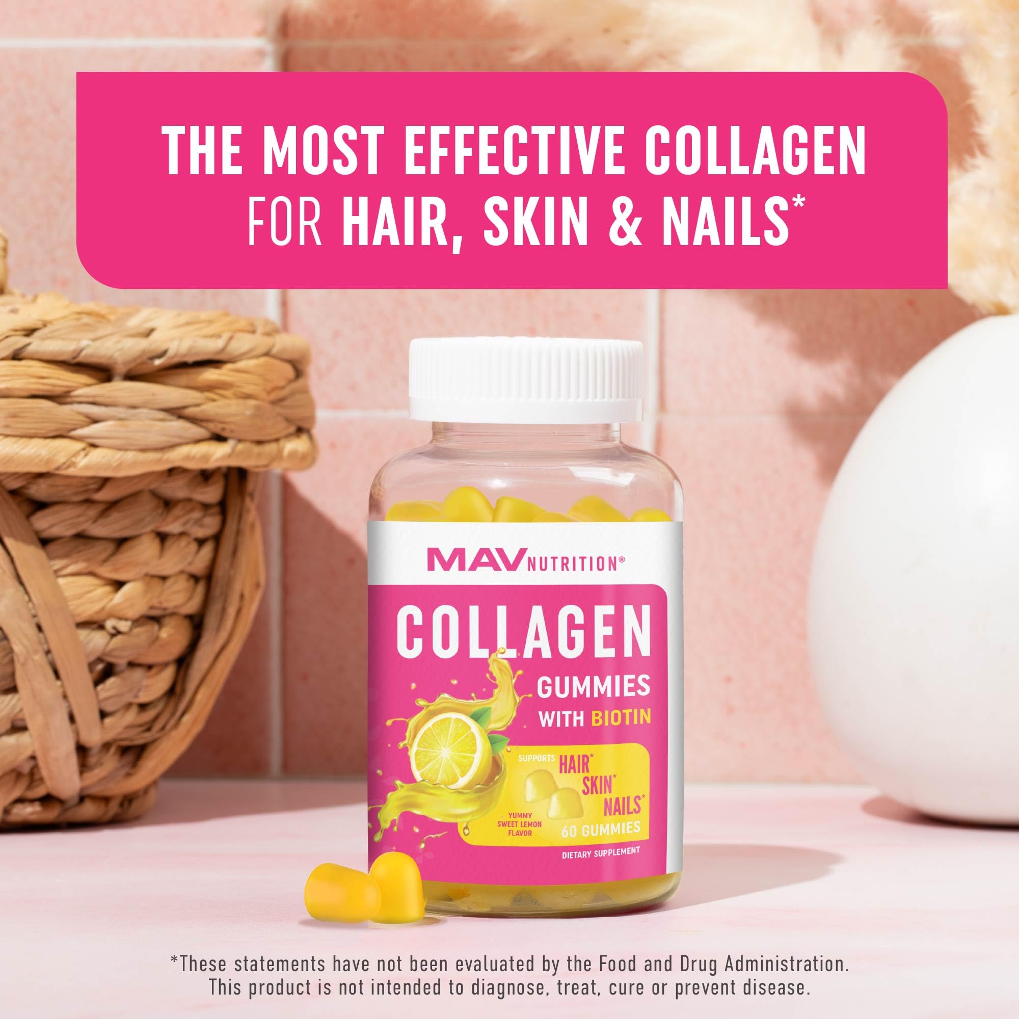 MAV Nutrition Collagen Gummies close-up highlights chewy texture and vitamin blend.