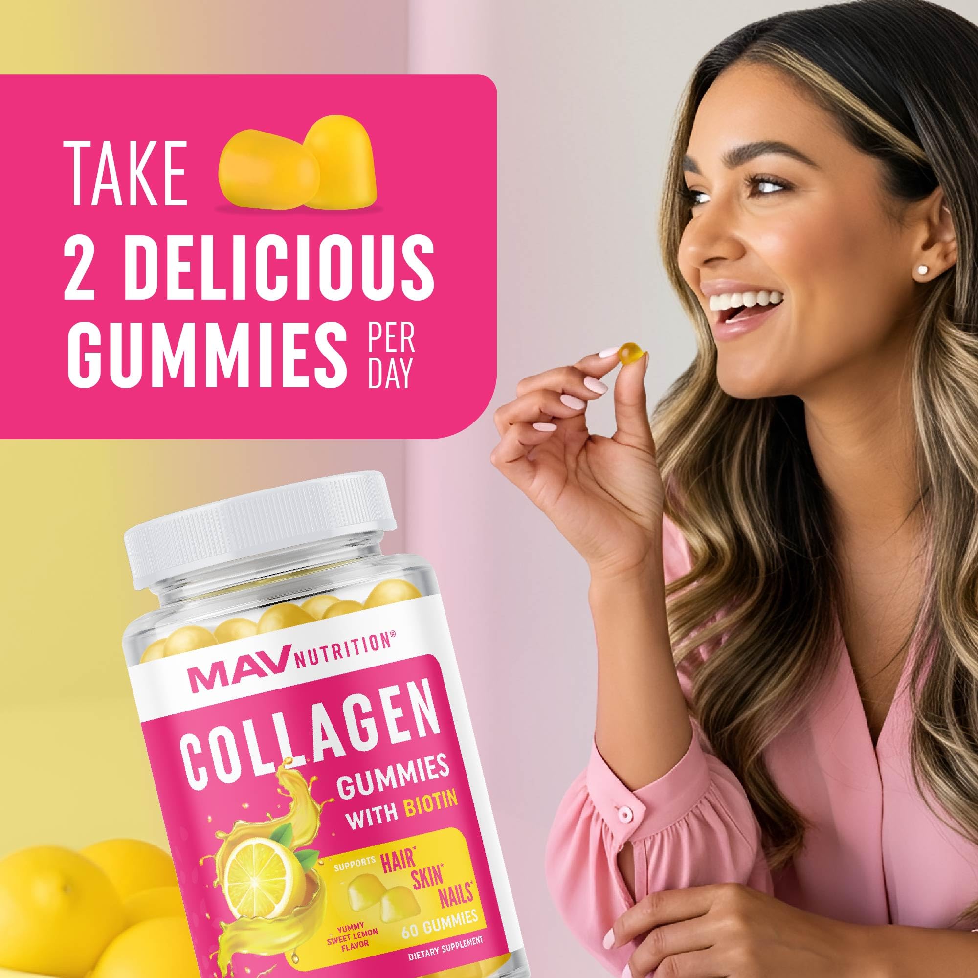 MAV Nutrition Collagen Gummies gummies on wooden surface convey premium wellness.