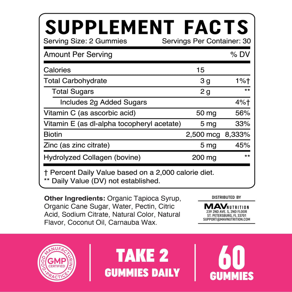 MAV Nutrition Collagen Gummies Vitamin E Zinc image spotlights fortified formula.