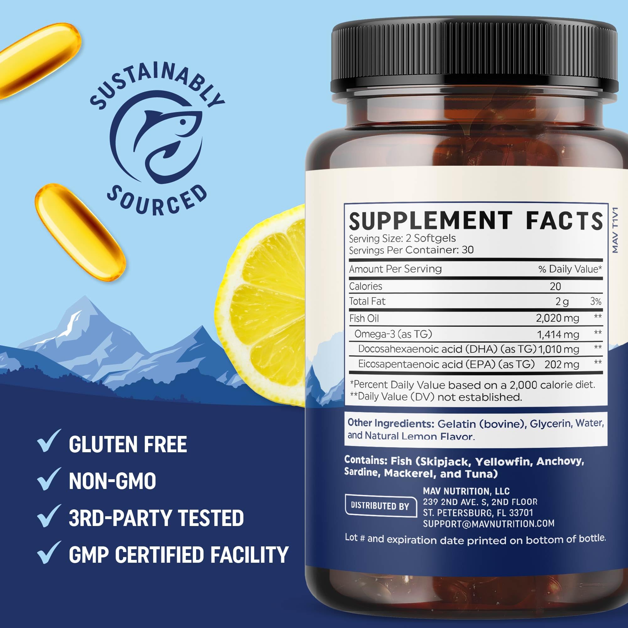 MAV Nutrition DHA Ultra gluten-free label signals dietary accessibility.