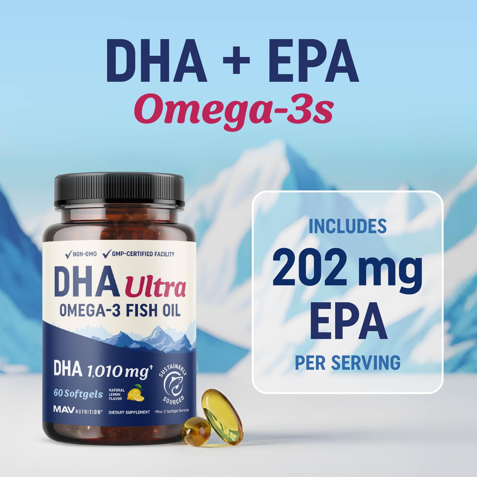 MAV Nutrition DHA Ultra lemon-flavored bottle reveals refreshing taste during daily routine.