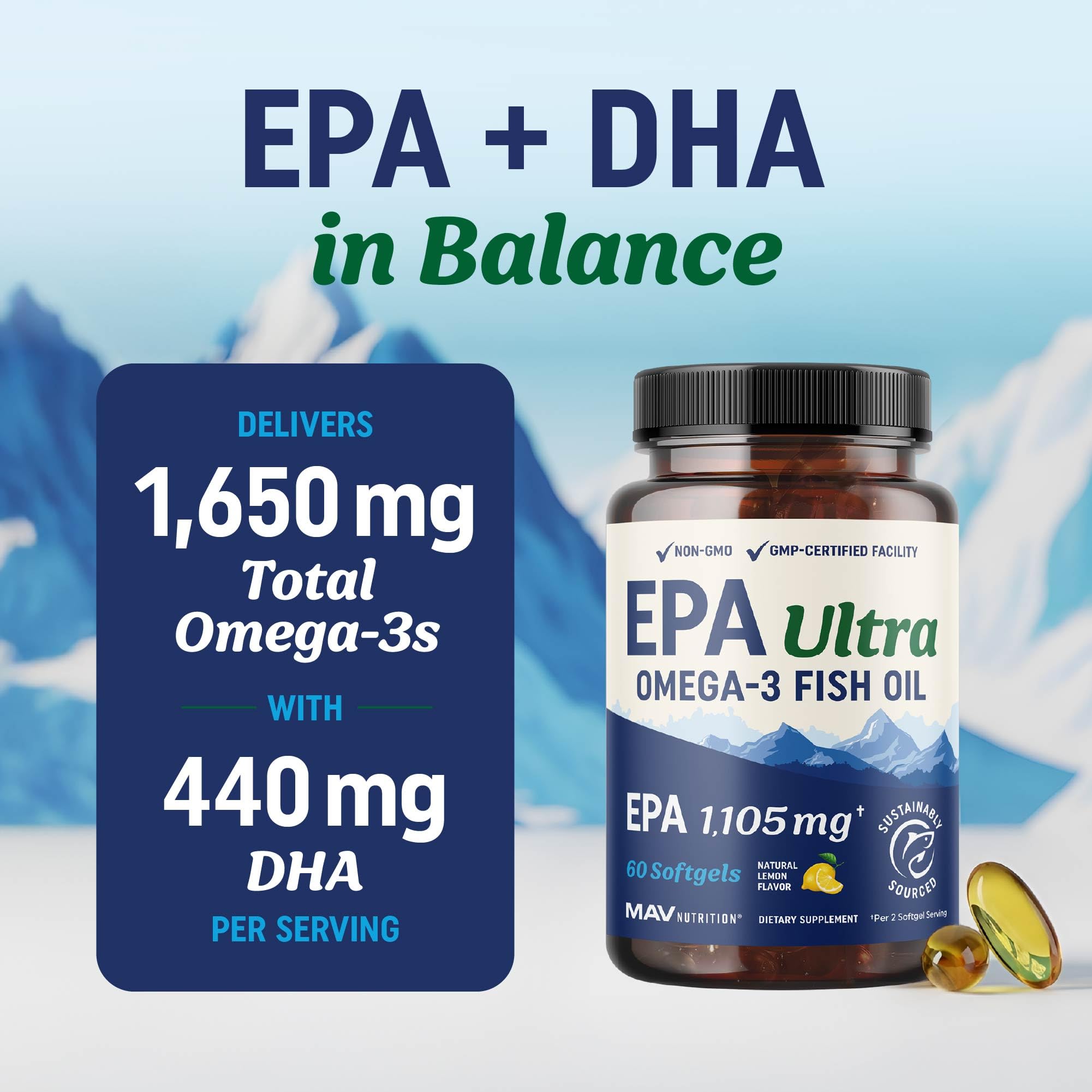 MAV Nutrition EPA Ultra bottle back shows balanced EPA and DHA amounts