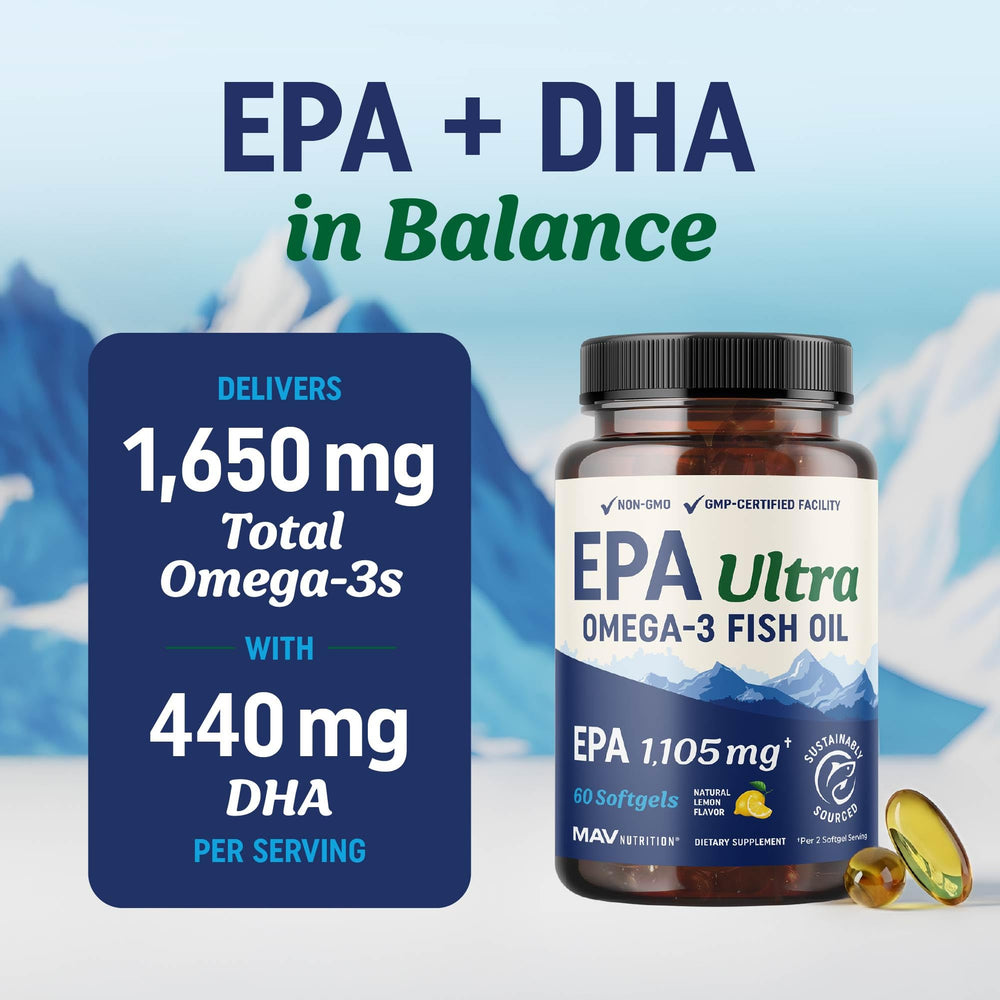 MAV Nutrition EPA Ultra bottle back shows balanced EPA and DHA amounts