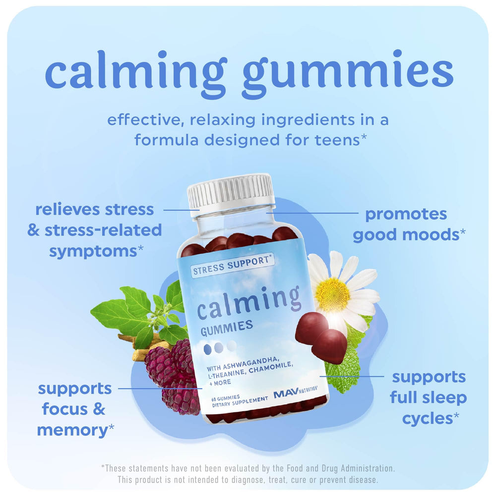 MAV NUTRITION l-theanine stress relief gummies for teens close-up supporting calm mood