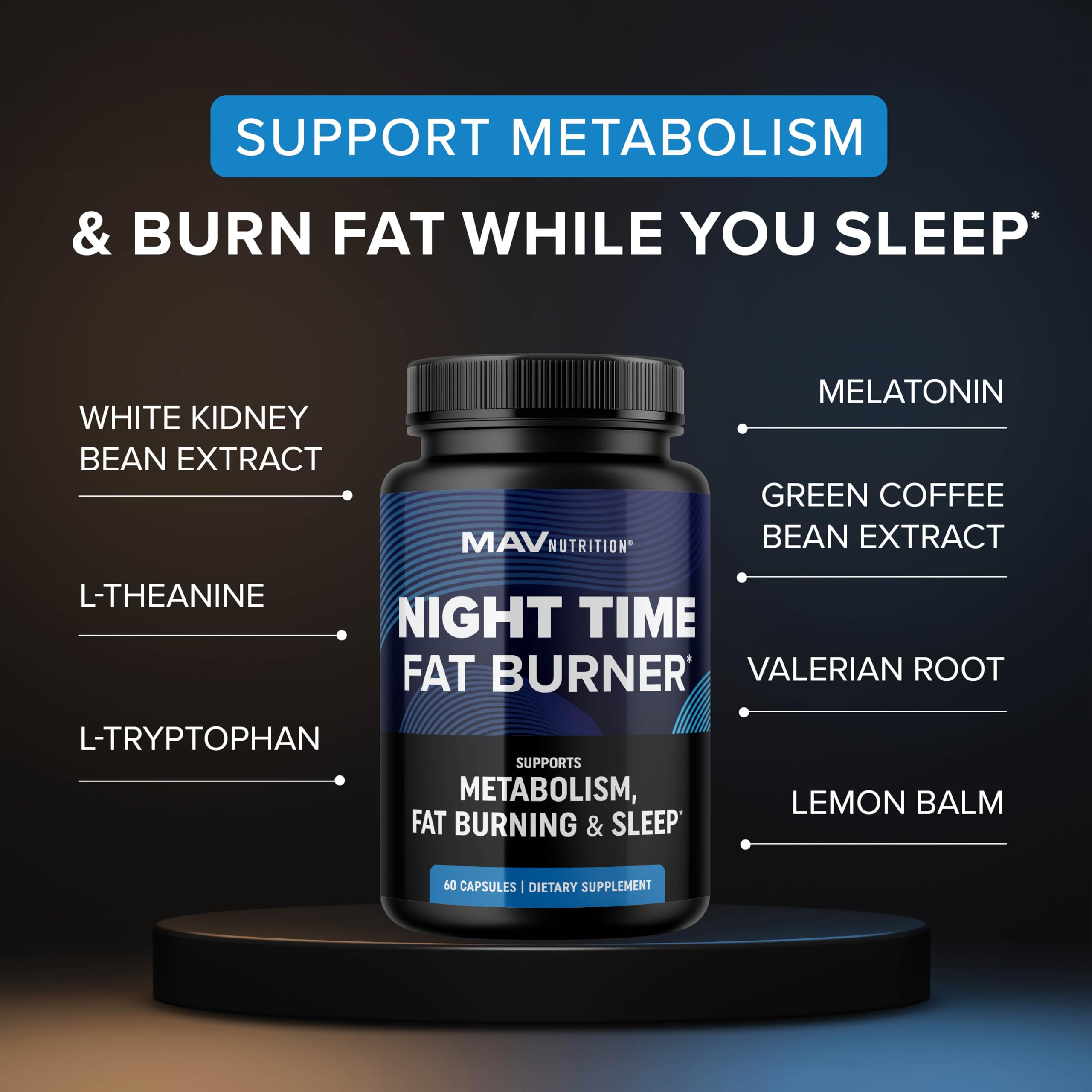MAV Nutrition Night Time Fat Burner bottle closeup highlighting capsule texture and premium non-GMO blend