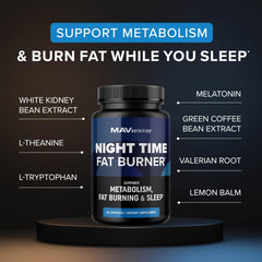 MAV Nutrition Night Time Fat Burner bottle closeup highlighting capsule texture and premium non-GMO blend