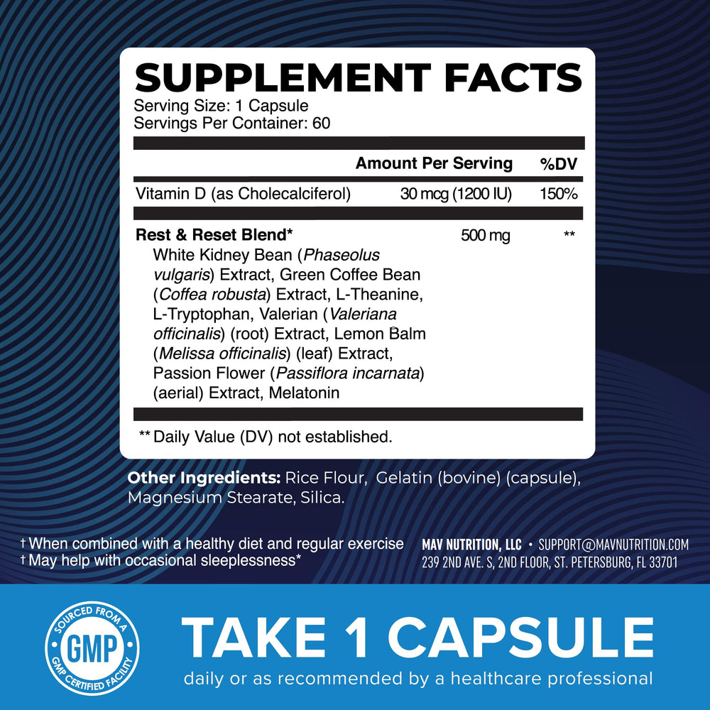 MAV Nutrition Night Time Fat Burner ingredients icons highlighting L-Theanine, Lemon Balm, and Passion Flower