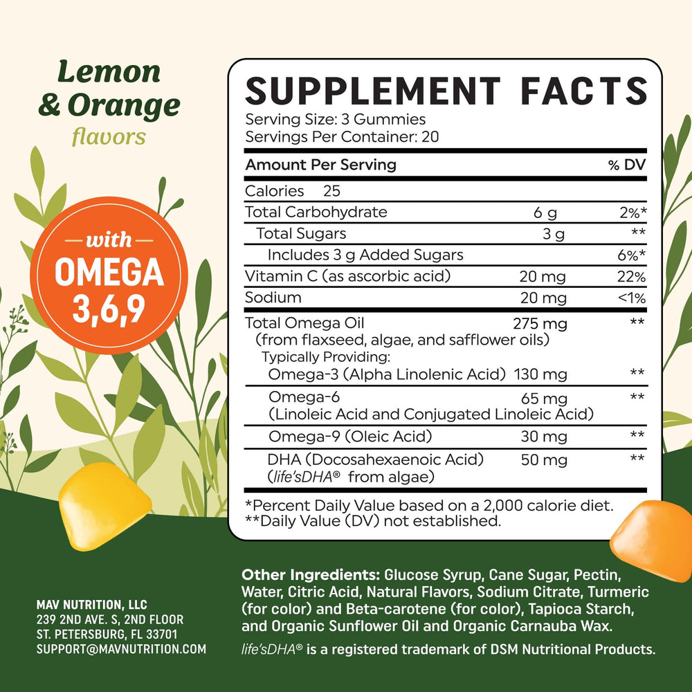 MAV Nutrition Omega 3-6-9 gummies algae DHA source highlight