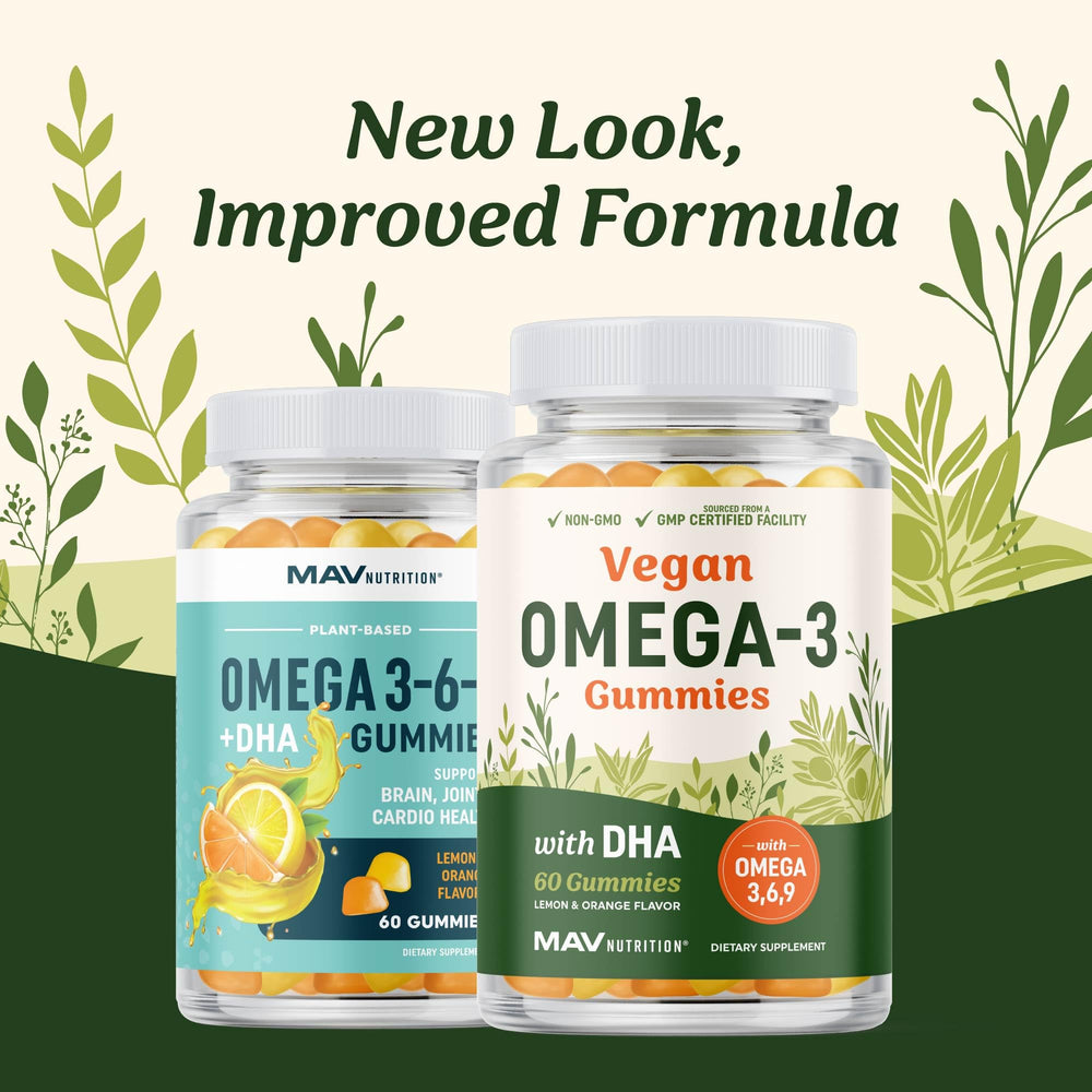 MAV Nutrition Omega 3-6-9 gummies close-up showing chewy texture and vibrant color