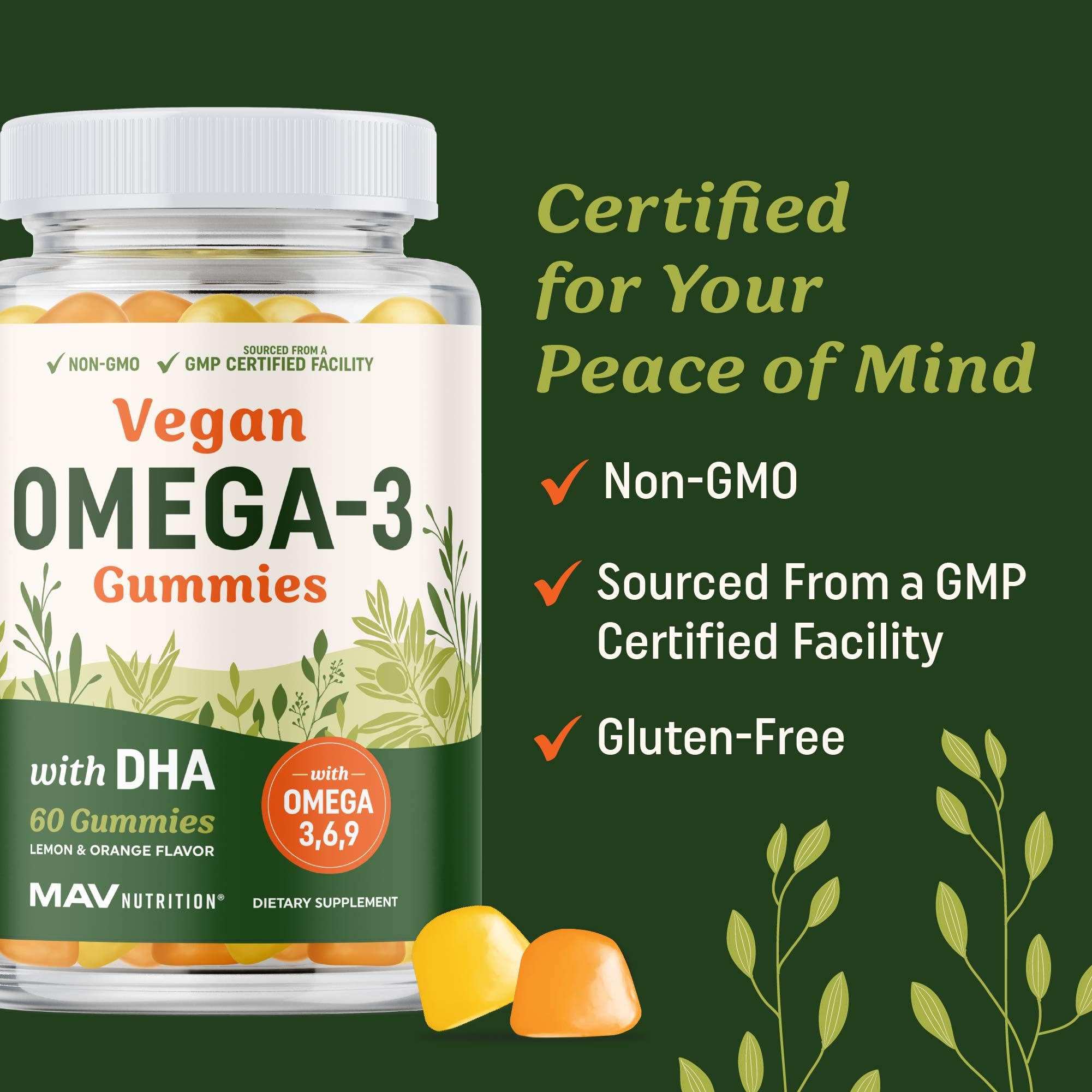 MAV Nutrition Omega 3-6-9 gummies gluten-free and non-GMO badge visible